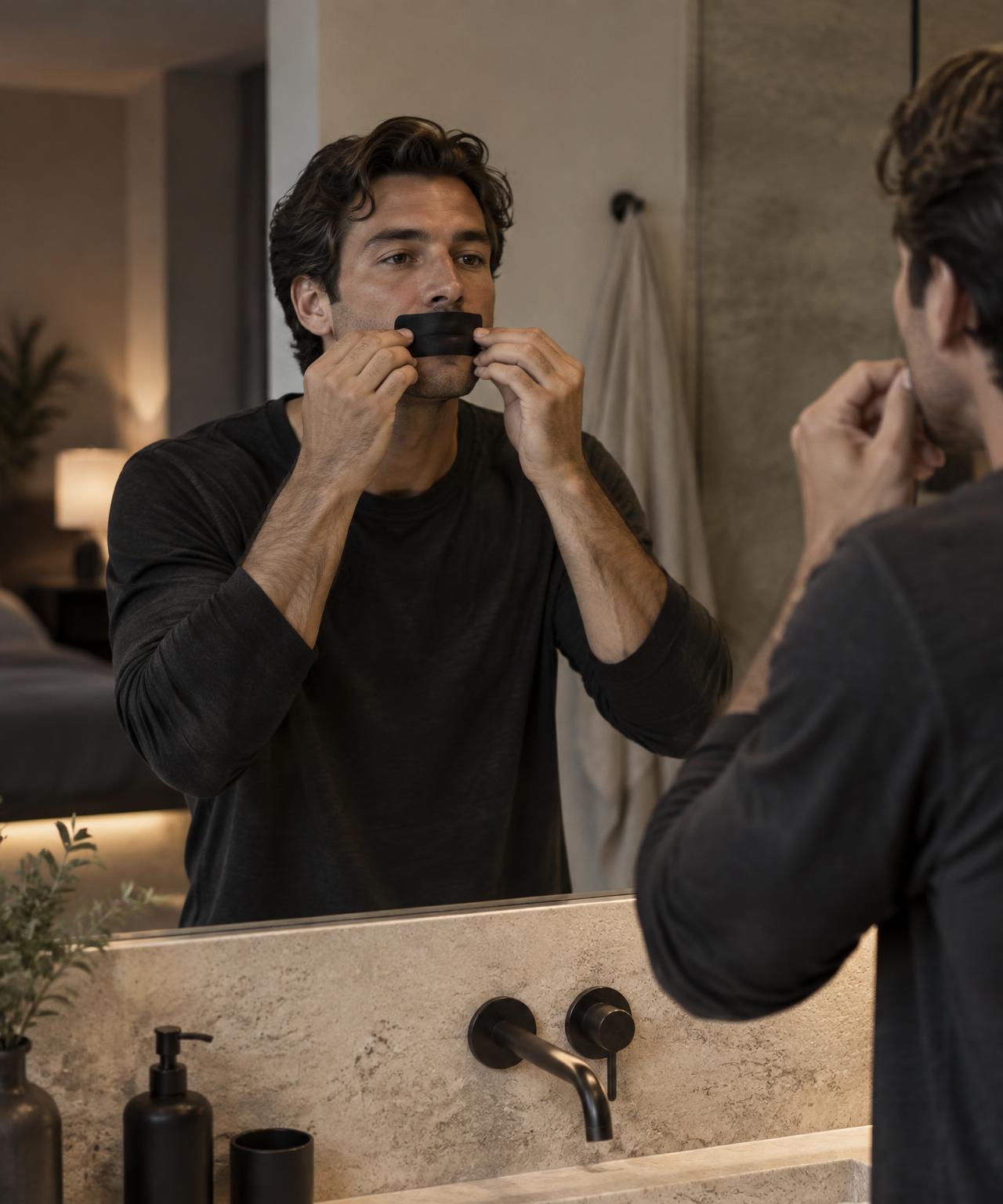 Homem adulto aplicando a fita AUVIA antes de dormir