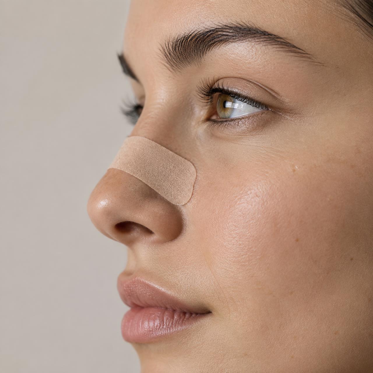 Detalhe da AUVIA Fita Nasal Dilatadora aplicada no nariz